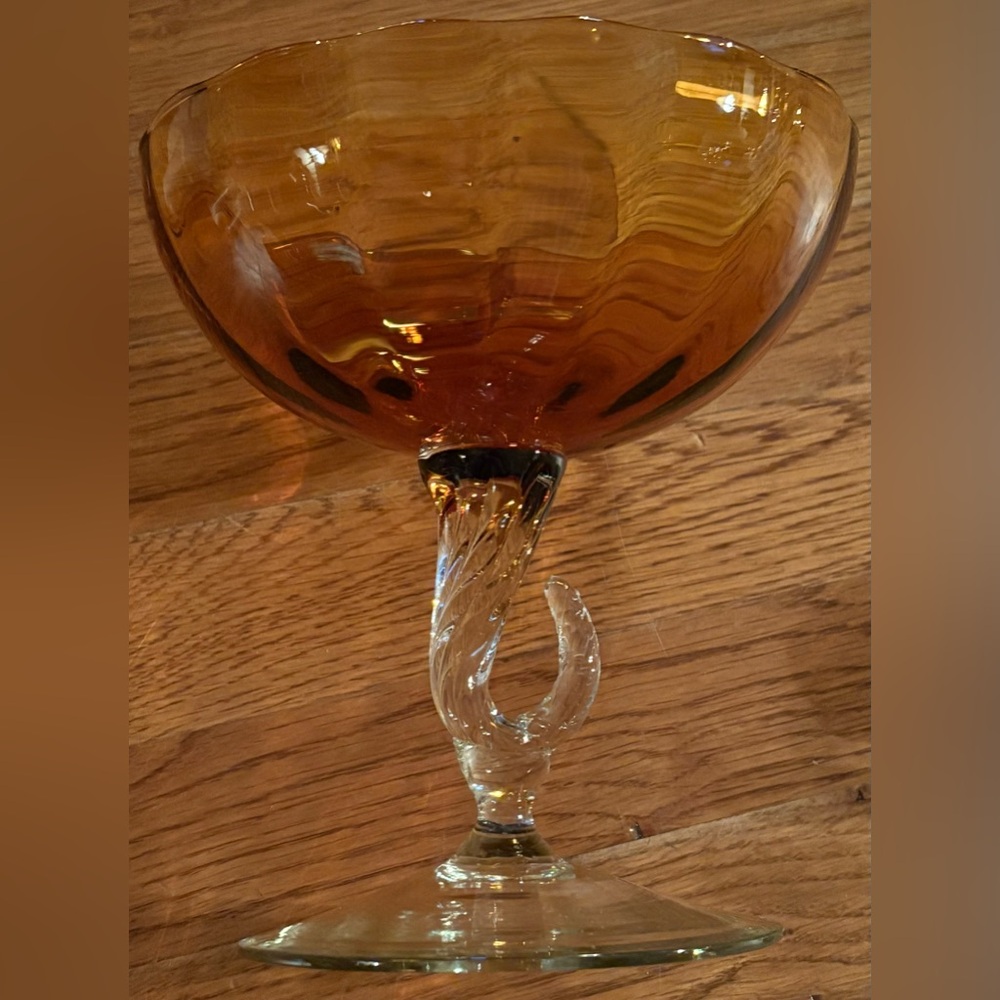 Empoli Amber Bowl Candy Dish w/Curled Clear Stem, Made in Italy, Mid Century